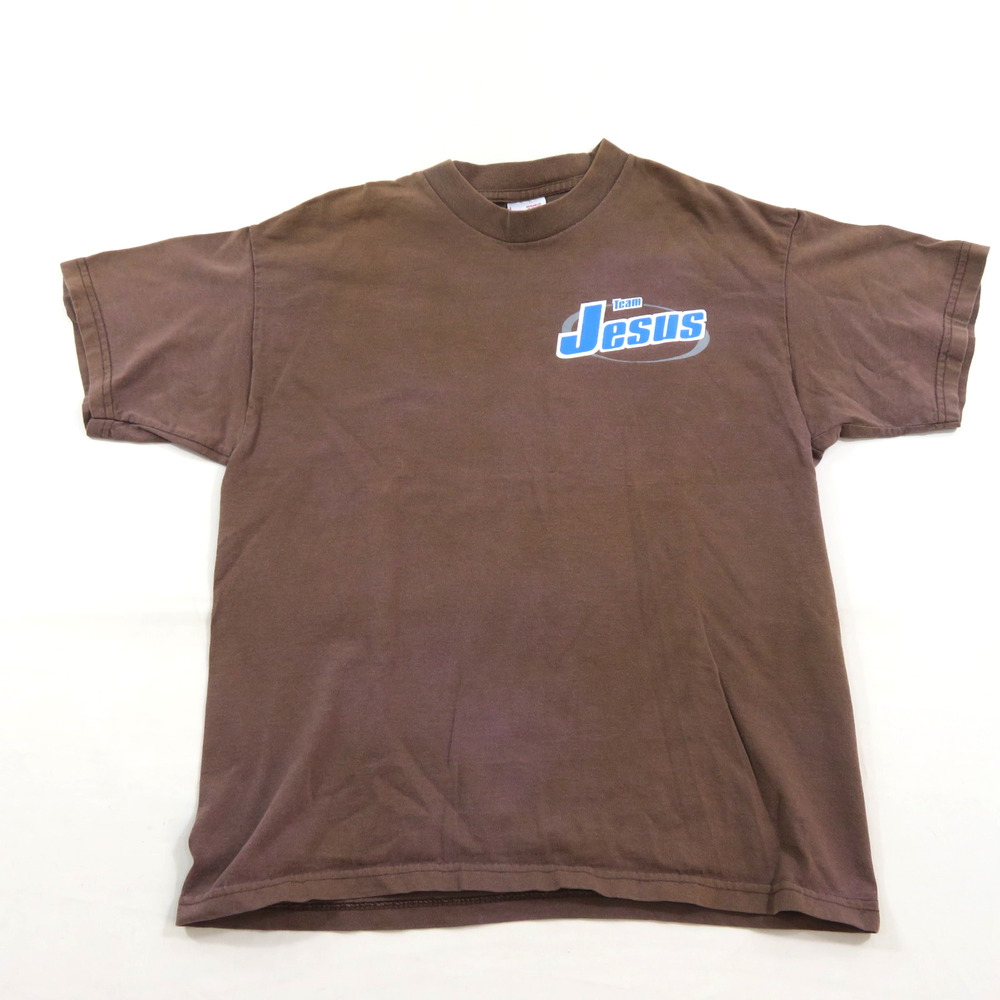 Team Jesus T-Shirt Double Sided Graphic Brown Boys Youth Sz L Vintage 1990s